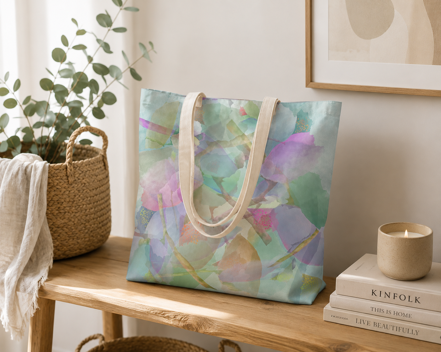 MoirisArt pastel floral canvas tote bag