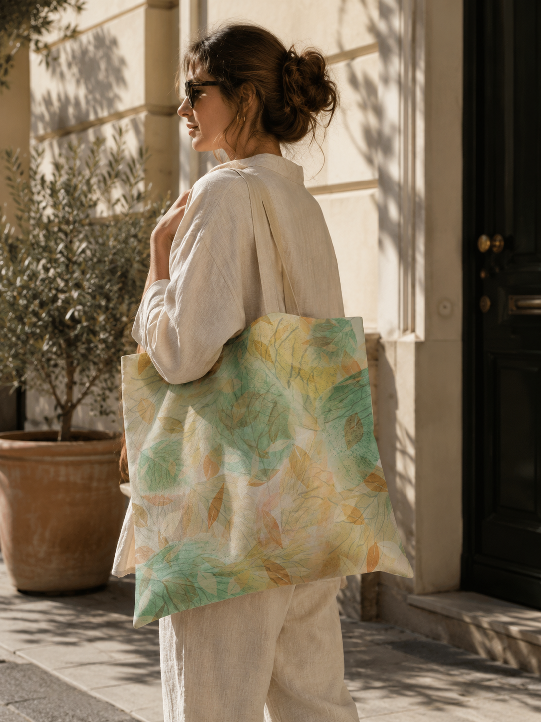 Botanical Watercolor Tote Bag – Soft Forest Leaves Woodland Carryall