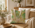 Floral-patterned tote bag on a wooden table with a cozy living room setting.