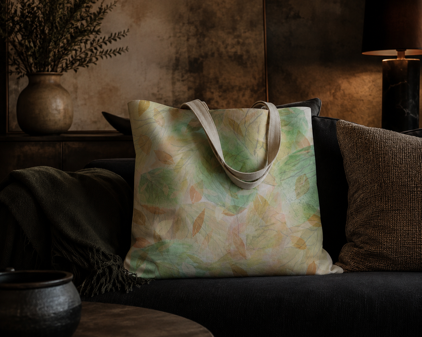 Tote bag with watercolor design on a dark sofa