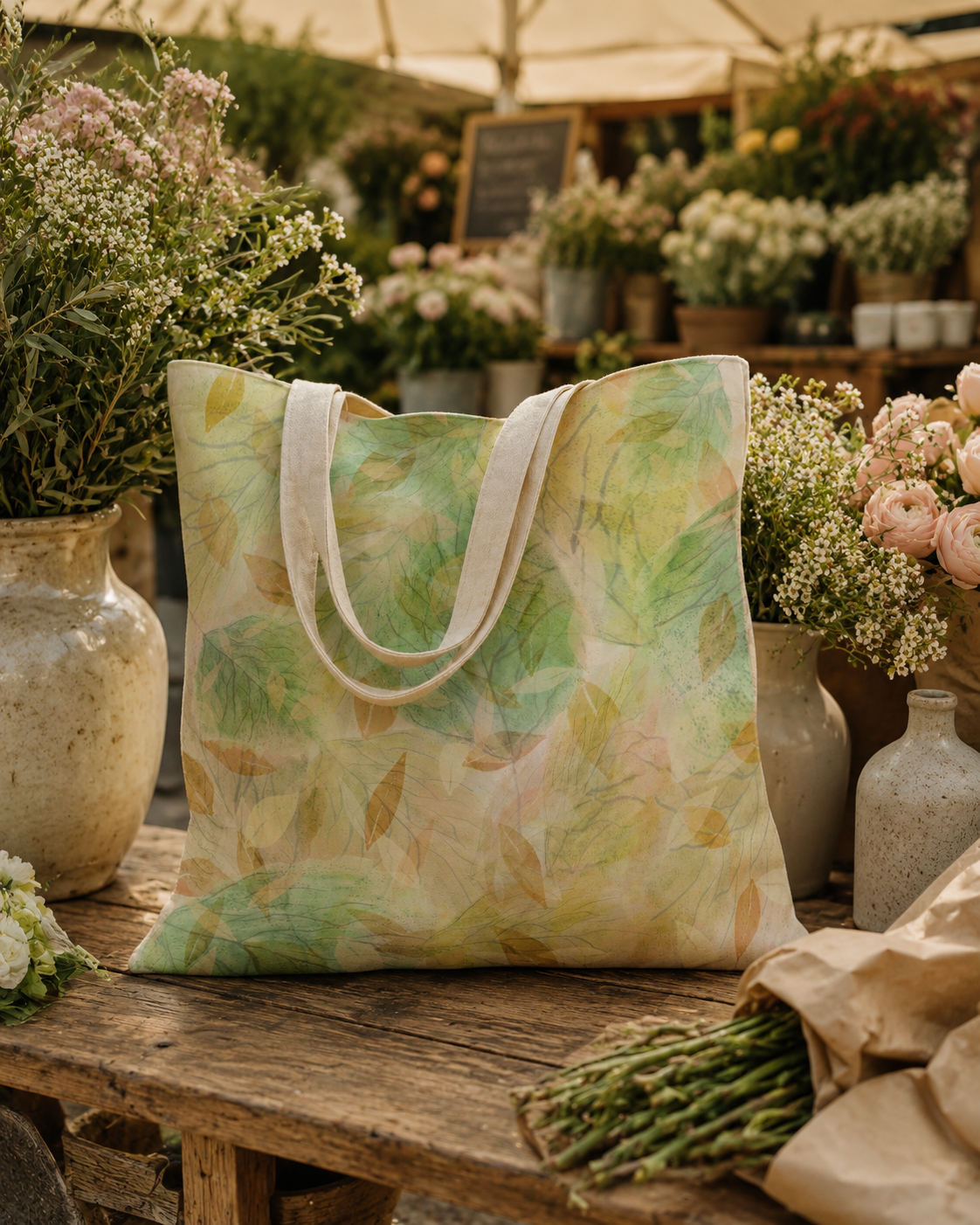 Floral-patterned tote bag on a wooden table with floral arrangements in the background