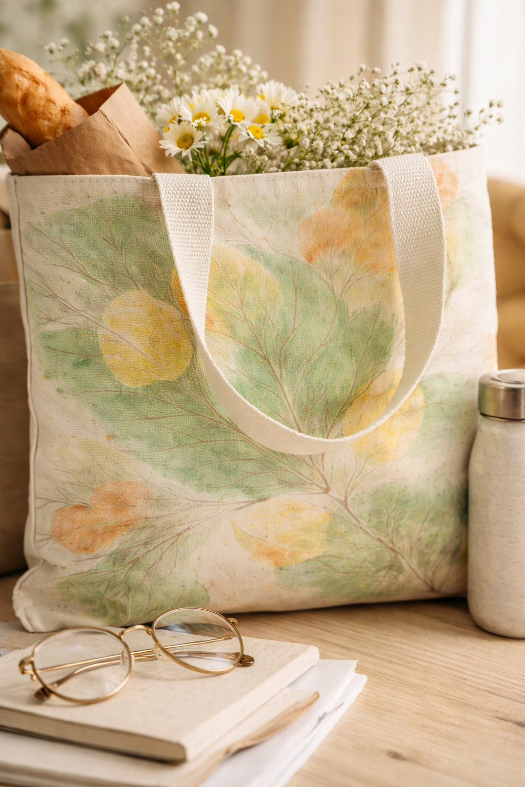 Tote bag with floral design on a table with books and glasses