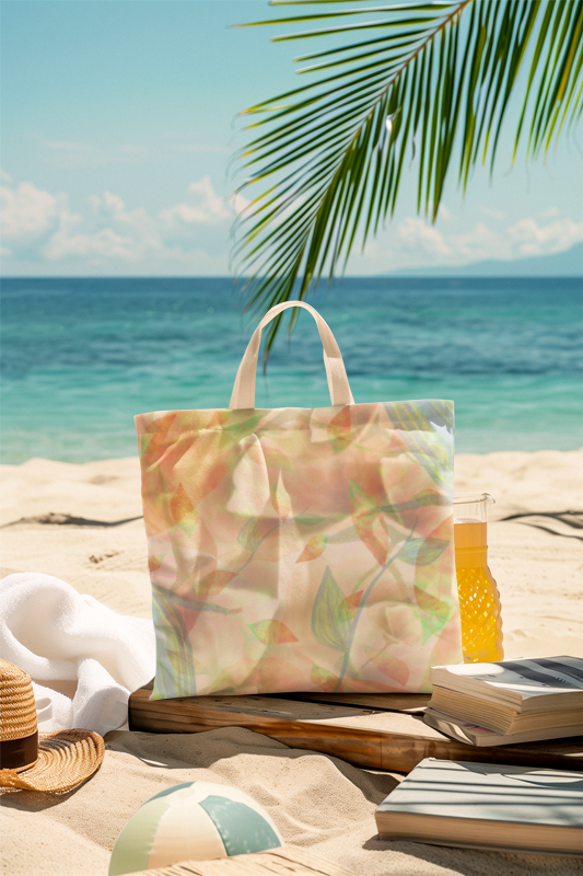 Tote bag with floral design on a beach setting with ocean and palm leaves.