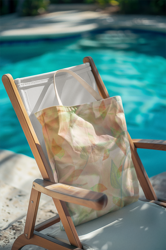 Wooden chair with a floral-patterned bag on a sunny day by a pool.