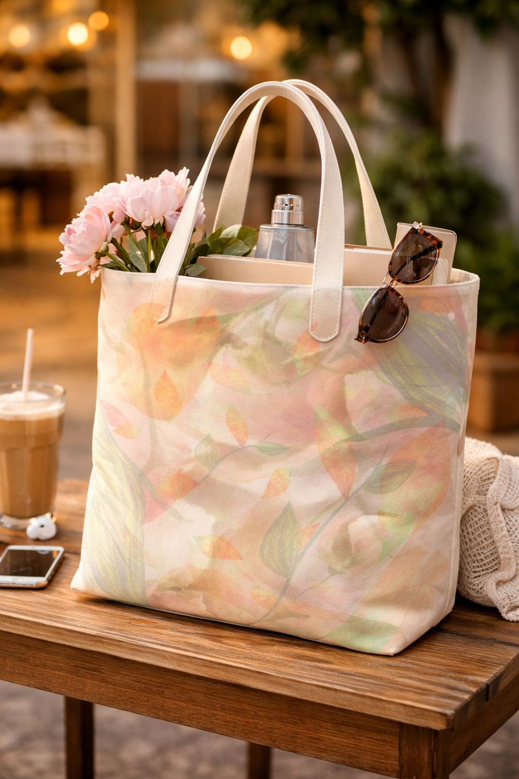 MoirisArt peach floral canvas tote bag