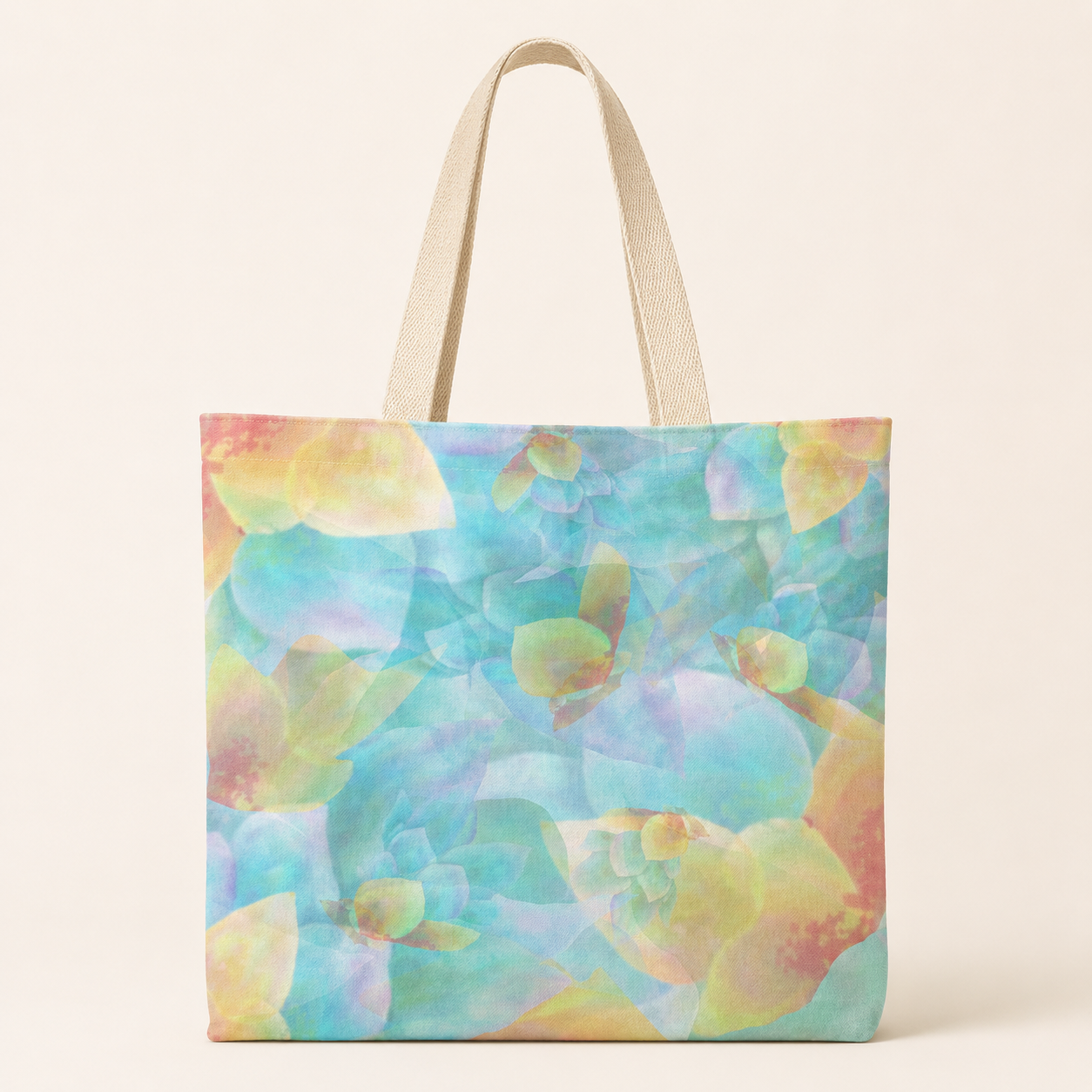 Tote bag with a colorful abstract pattern on a beige background