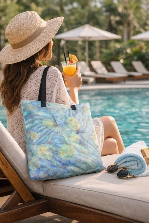 Woman carrying a MoirisArt blue floral canvas tote bag