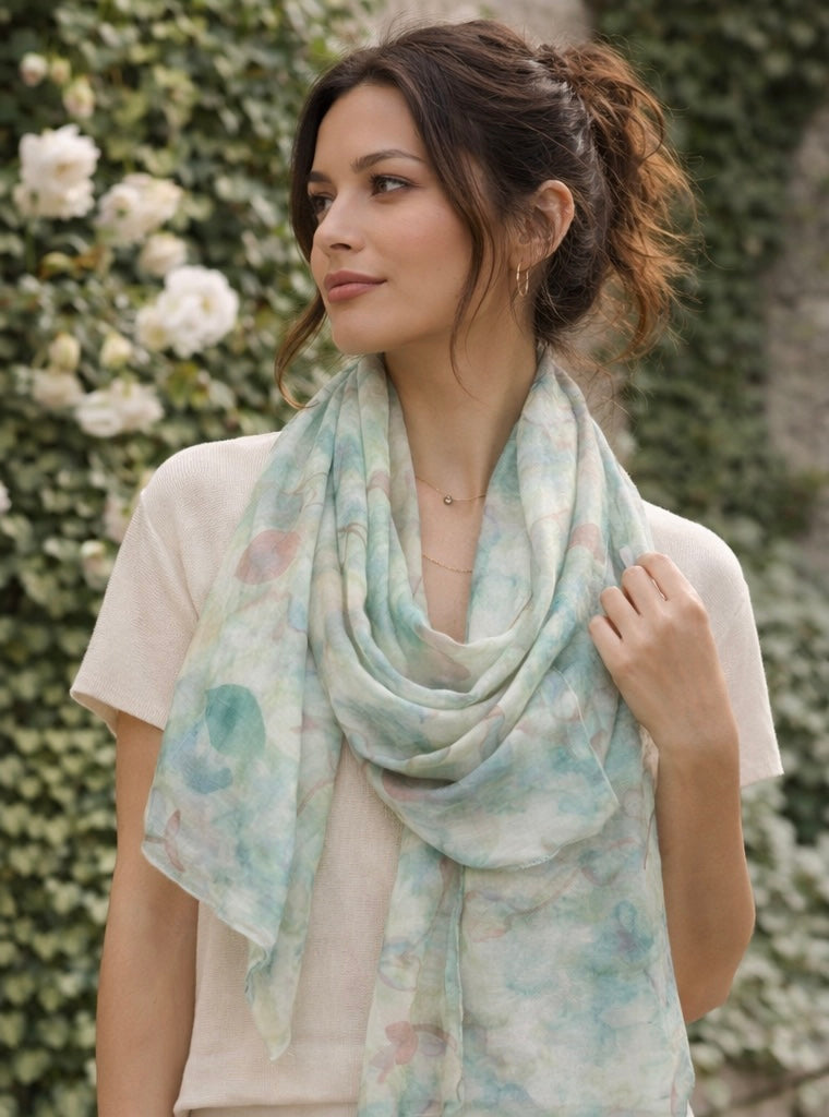 Woman wearing a MoirisArt floral botanical poly chiffon scarf