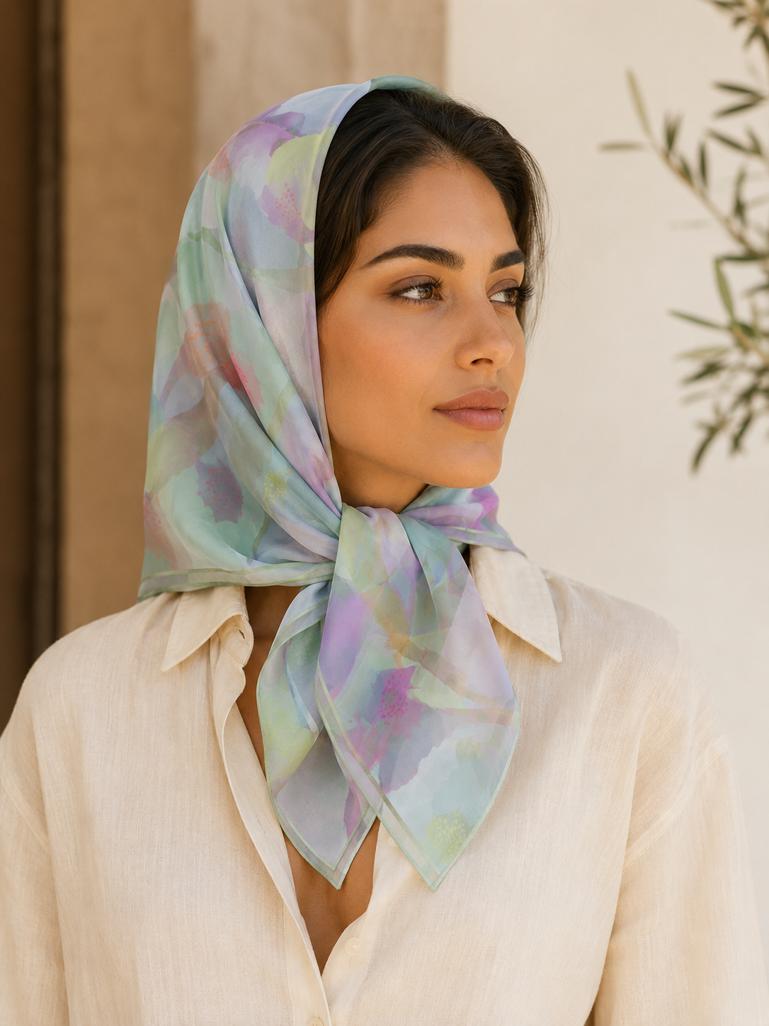 Woman wearing a MoirisArt pastel poly chiffon headscarf