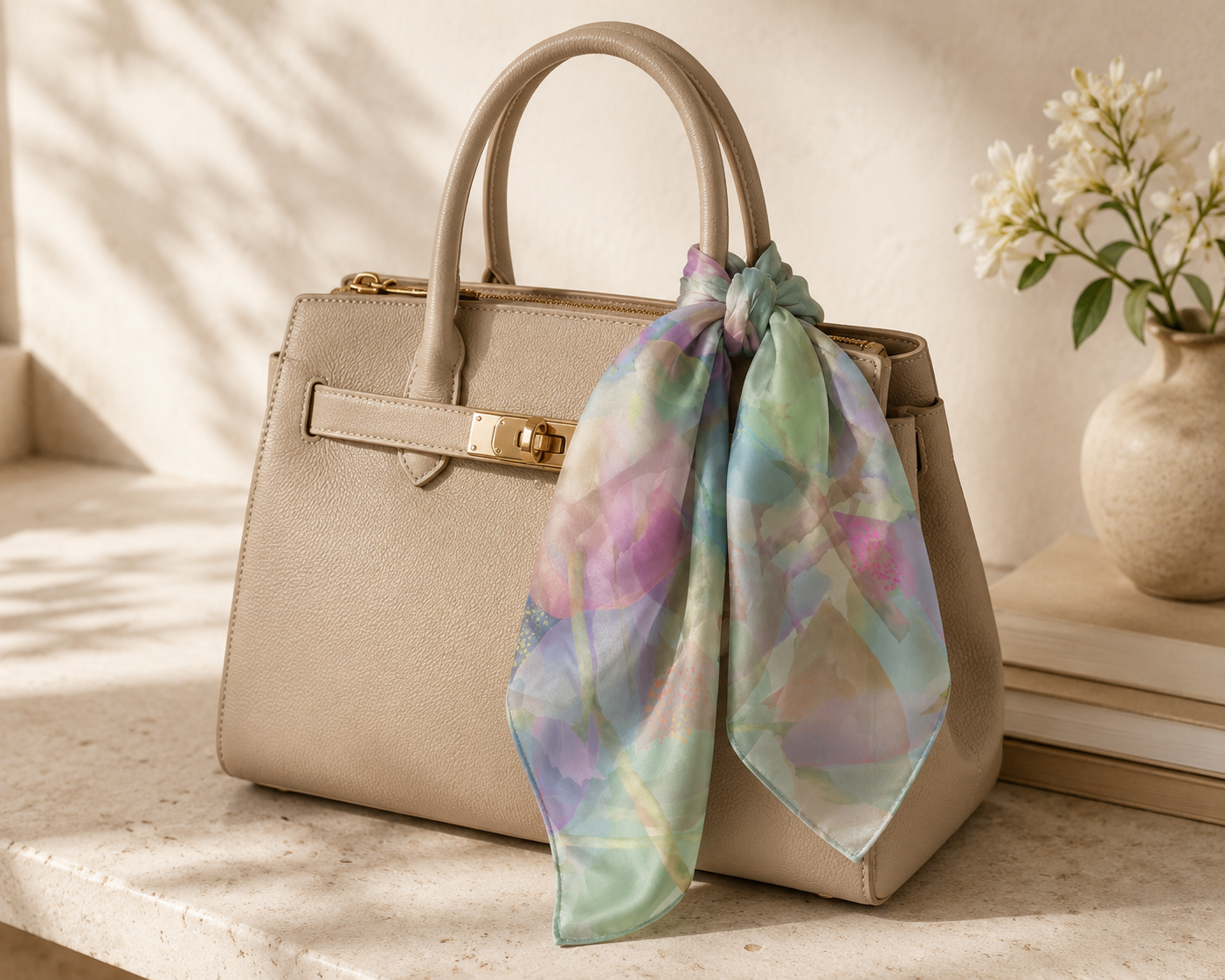 Beige handbag with a colorful scarf draped over it on a light wooden surface.
