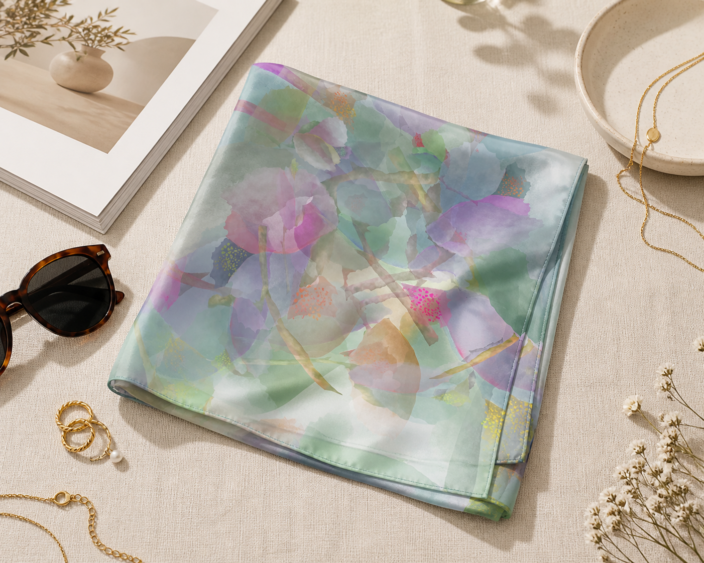 Colorful floral-patterned fabric on a light surface with sunglasses and jewelry.