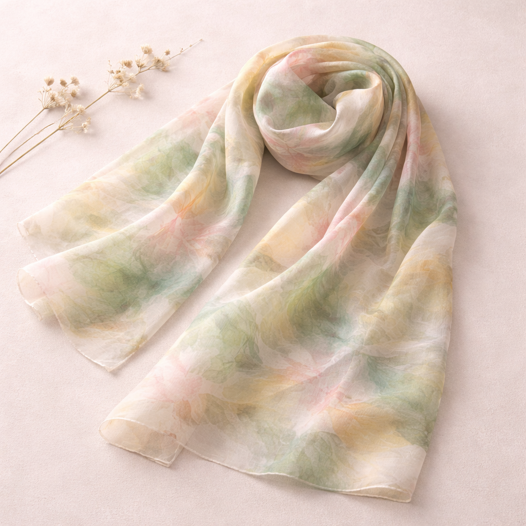 Botanical Watercolor Poly Chiffon Scarf – Soft Forest Leaves Woodland Wearable Art