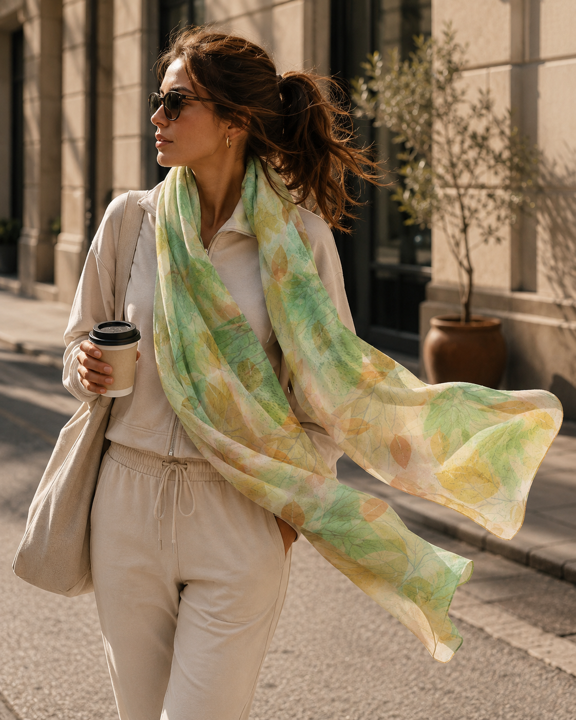 Botanical Watercolor Poly Chiffon Scarf – Soft Forest Leaves Woodland Wearable Art