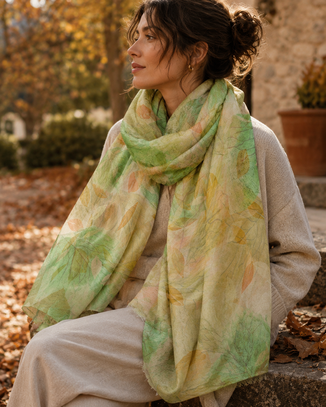 Botanical Watercolor Poly Chiffon Scarf – Soft Forest Leaves Woodland Wearable Art