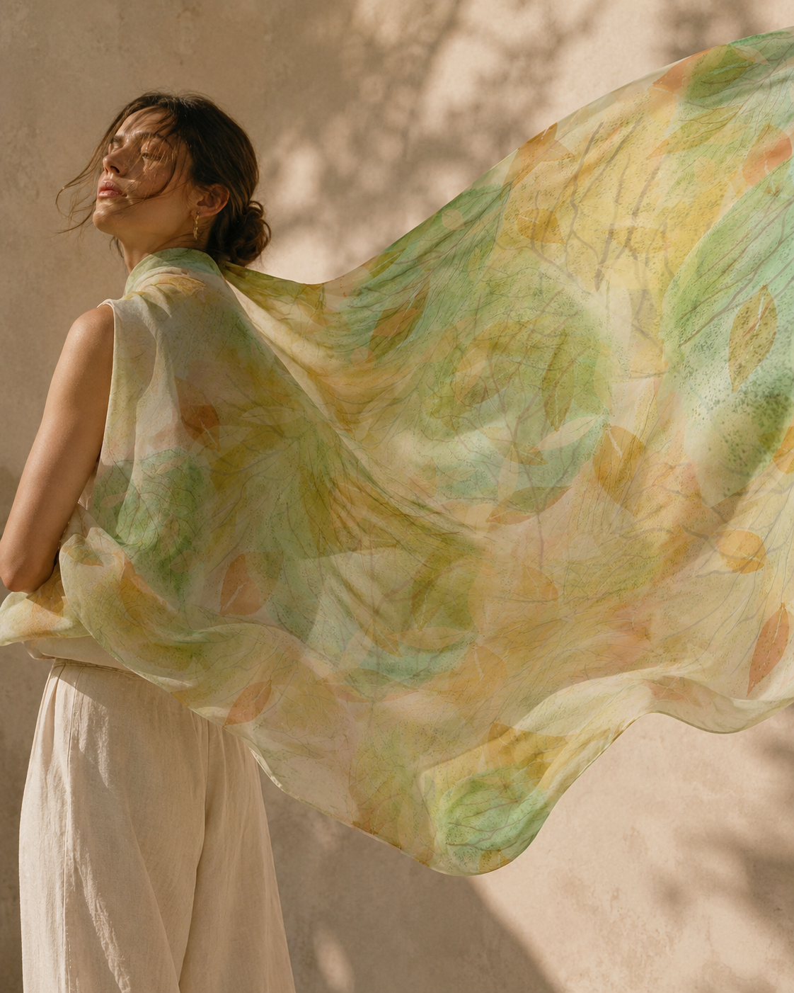 Botanical Watercolor Poly Chiffon Scarf – Soft Forest Leaves Woodland Wearable Art