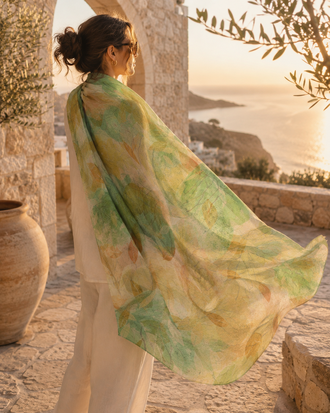 Botanical Watercolor Poly Chiffon Scarf – Soft Forest Leaves Woodland Wearable Art