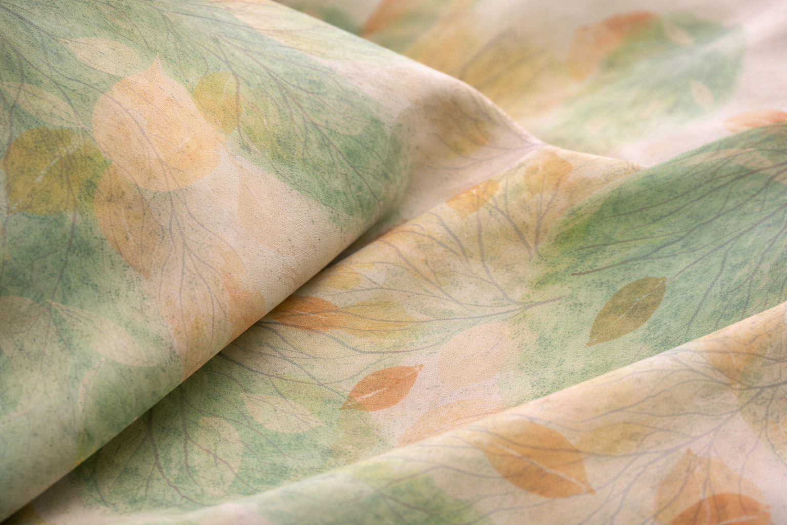 Botanical Watercolor Poly Chiffon Scarf – Soft Forest Leaves Woodland Wearable Art