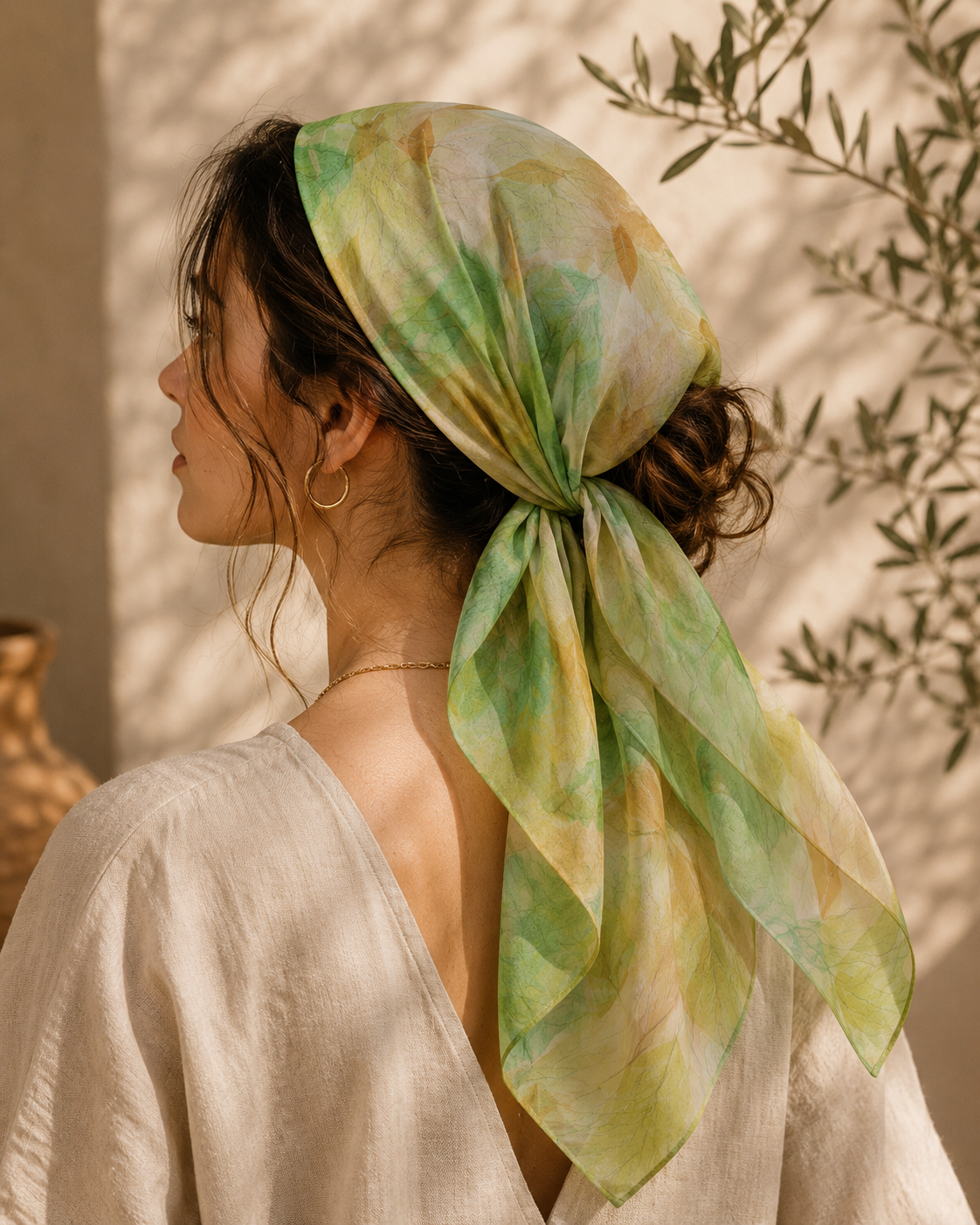 Botanical Watercolor Poly Chiffon Scarf – Soft Forest Leaves Woodland Wearable Art