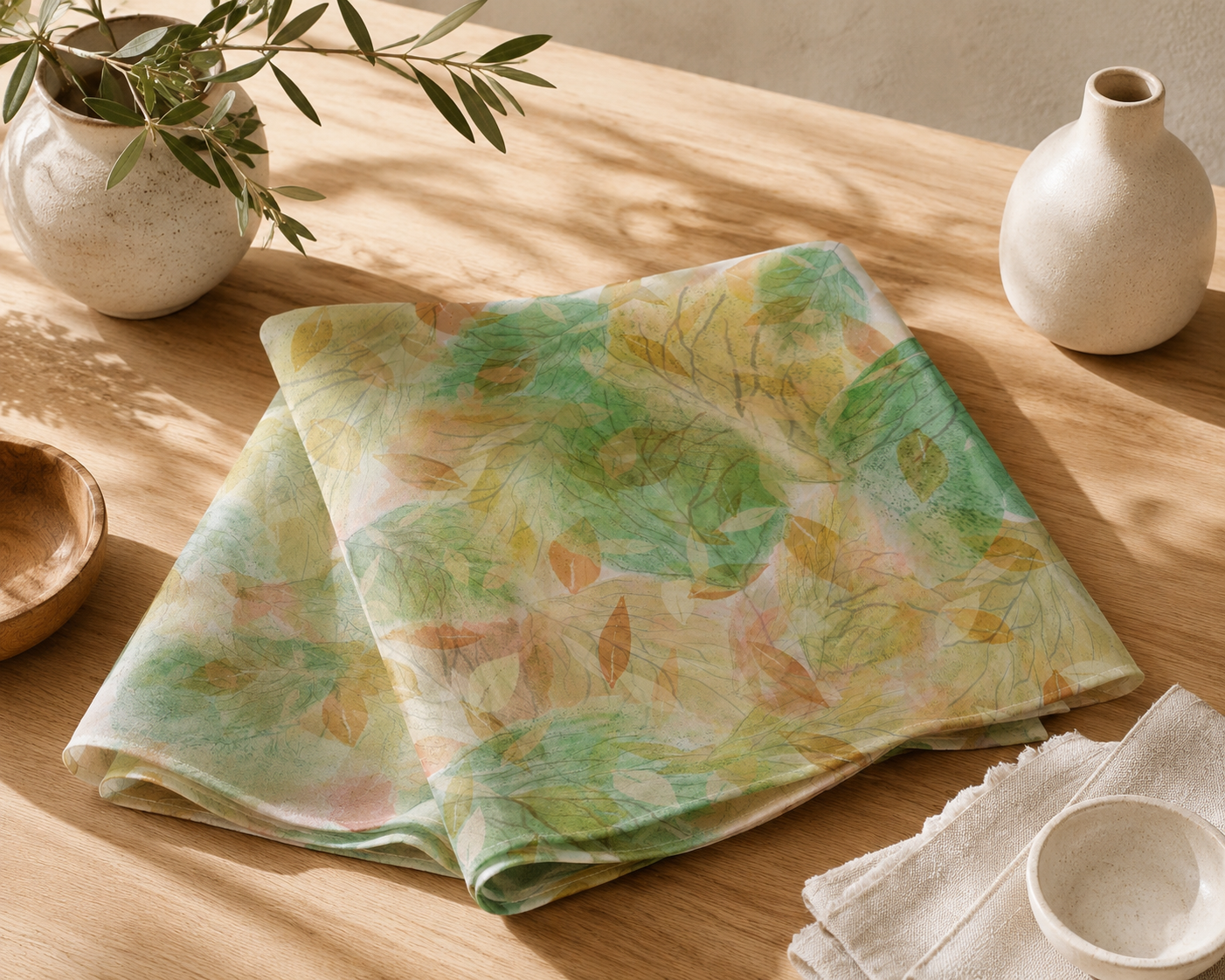 Botanical Watercolor Poly Chiffon Scarf – Soft Forest Leaves Woodland Wearable Art
