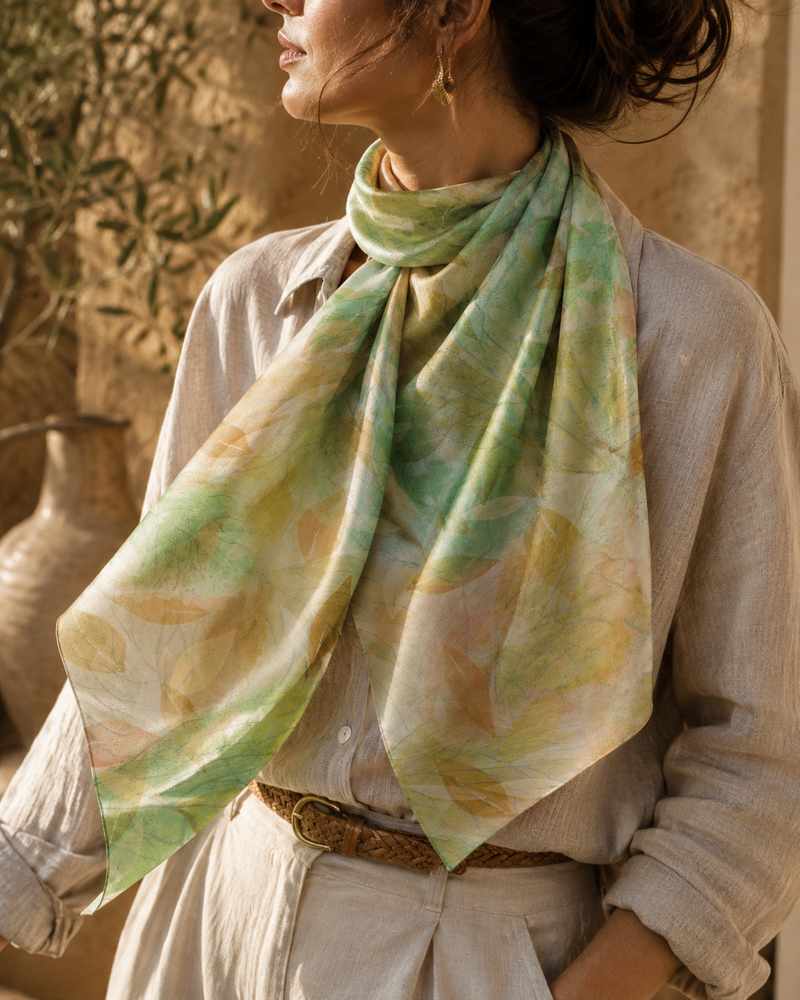 Woman wearing a MoirisArt green botanical poly chiffon scarf