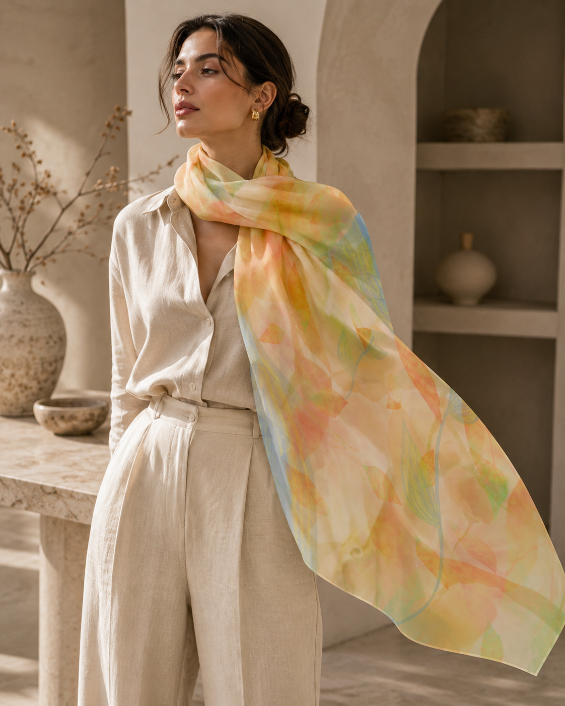 Botanical Watercolor Poly Chiffon Scarf – Radiant Garden Wearable Art