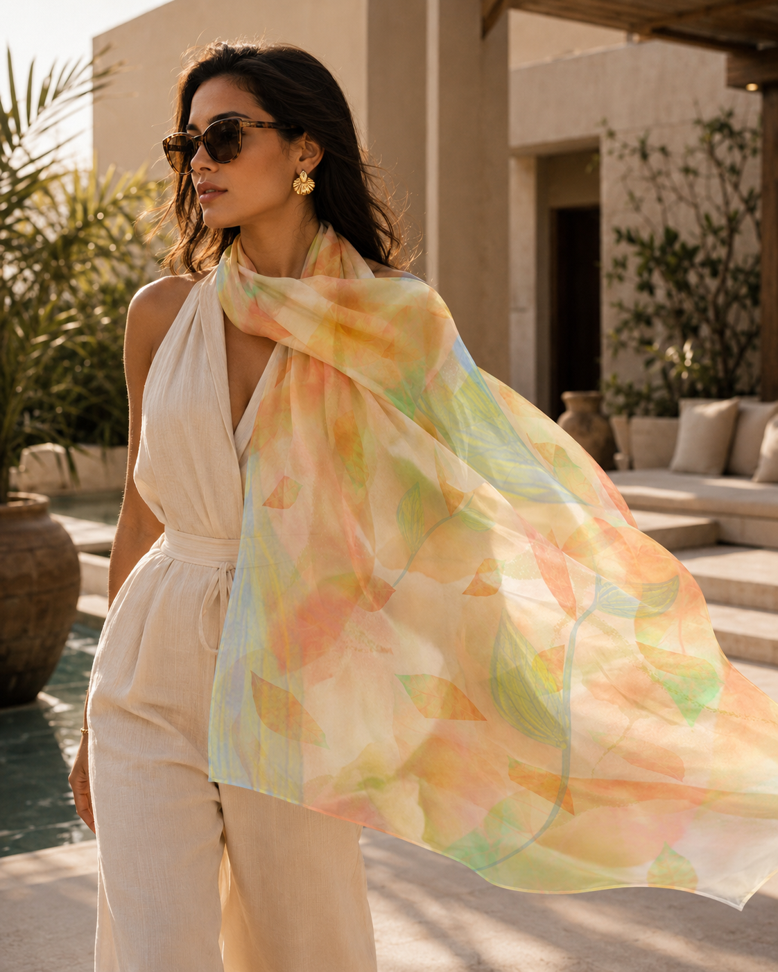 Botanical Watercolor Poly Chiffon Scarf – Radiant Garden Wearable Art