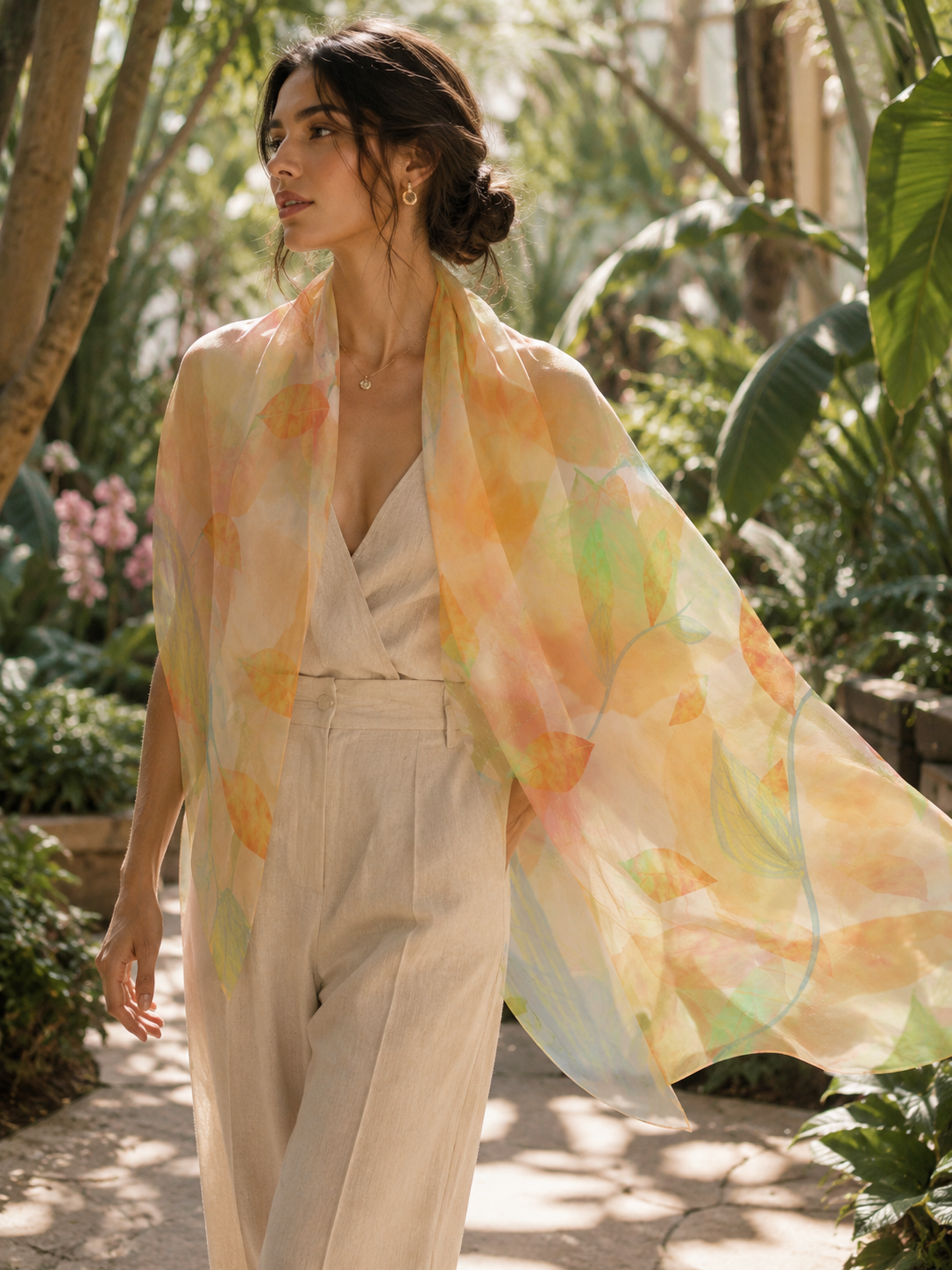 Botanical Watercolor Poly Chiffon Scarf – Radiant Garden Wearable Art