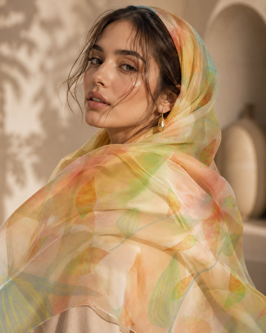 Botanical Watercolor Poly Chiffon Scarf – Radiant Garden Wearable Art