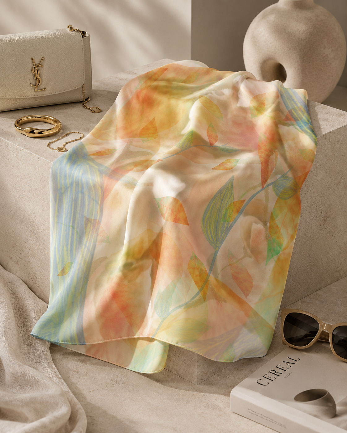 Botanical Watercolor Poly Chiffon Scarf – Radiant Garden Wearable Art