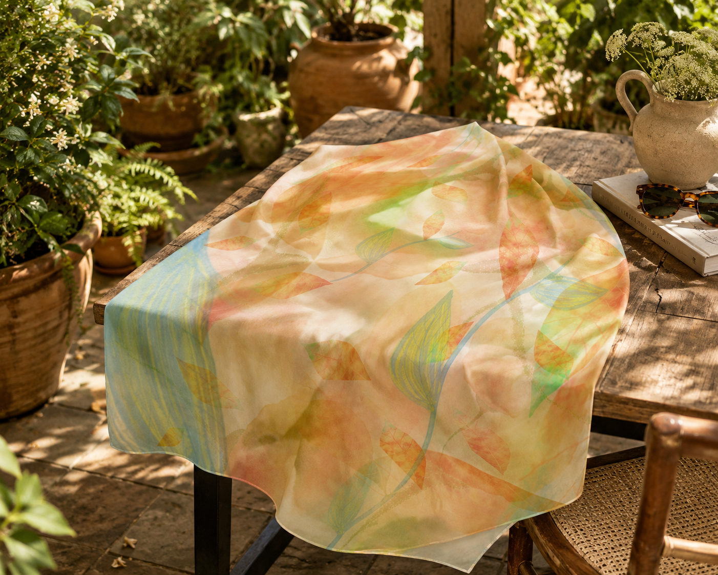 Botanical Watercolor Poly Chiffon Scarf – Radiant Garden Wearable Art