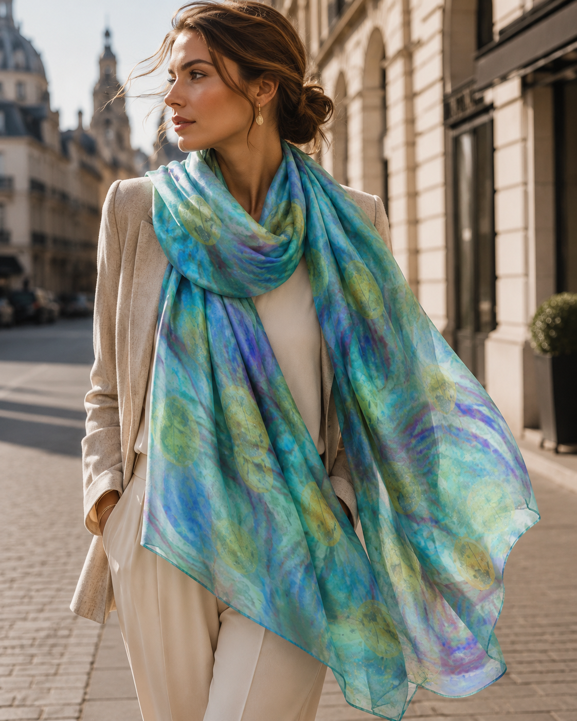 Woman wearing a colorful scarf in an urban setting