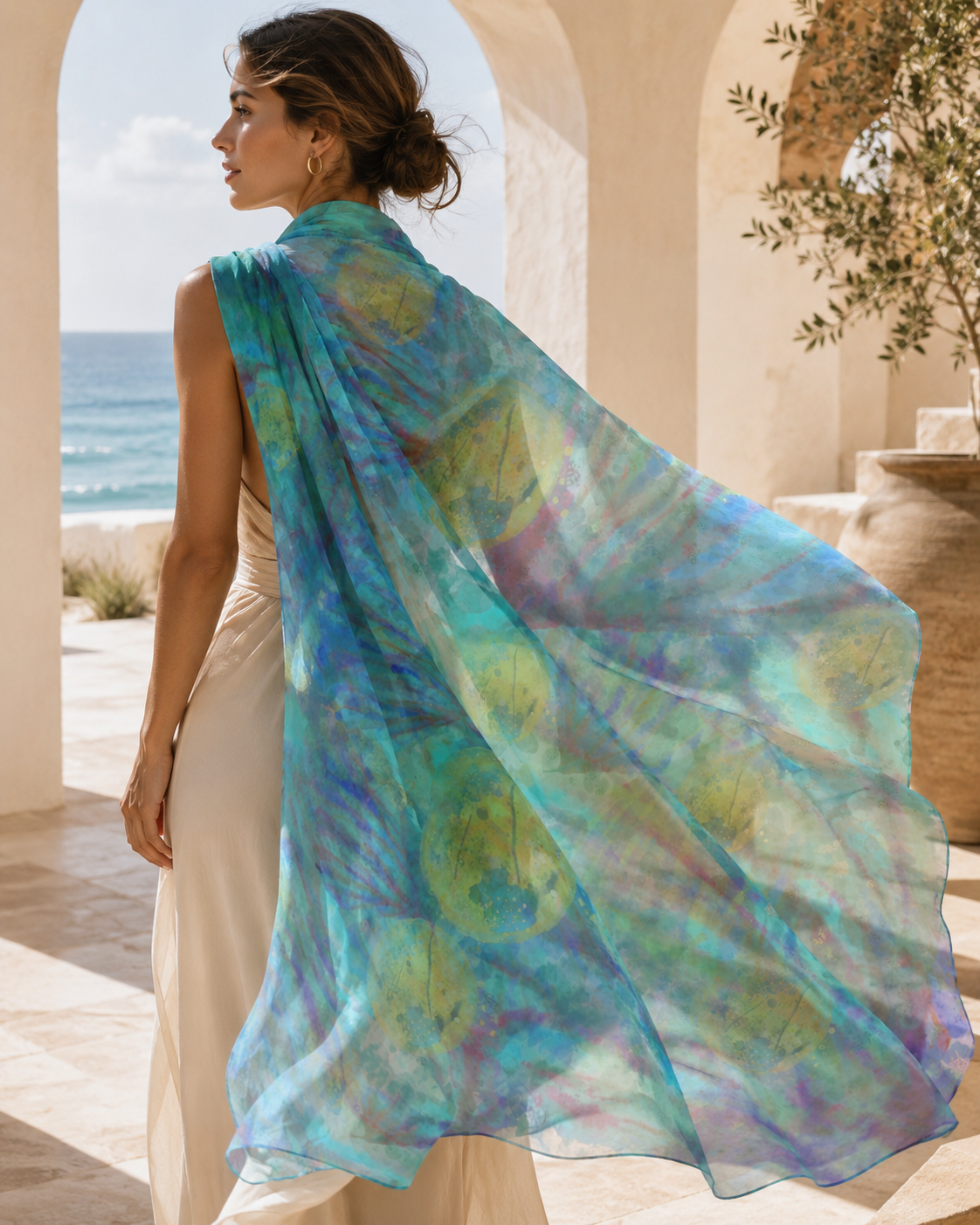 Ocean Watercolor Poly Chiffon Scarf – Ocean Botanicals Coastal Wearable Art