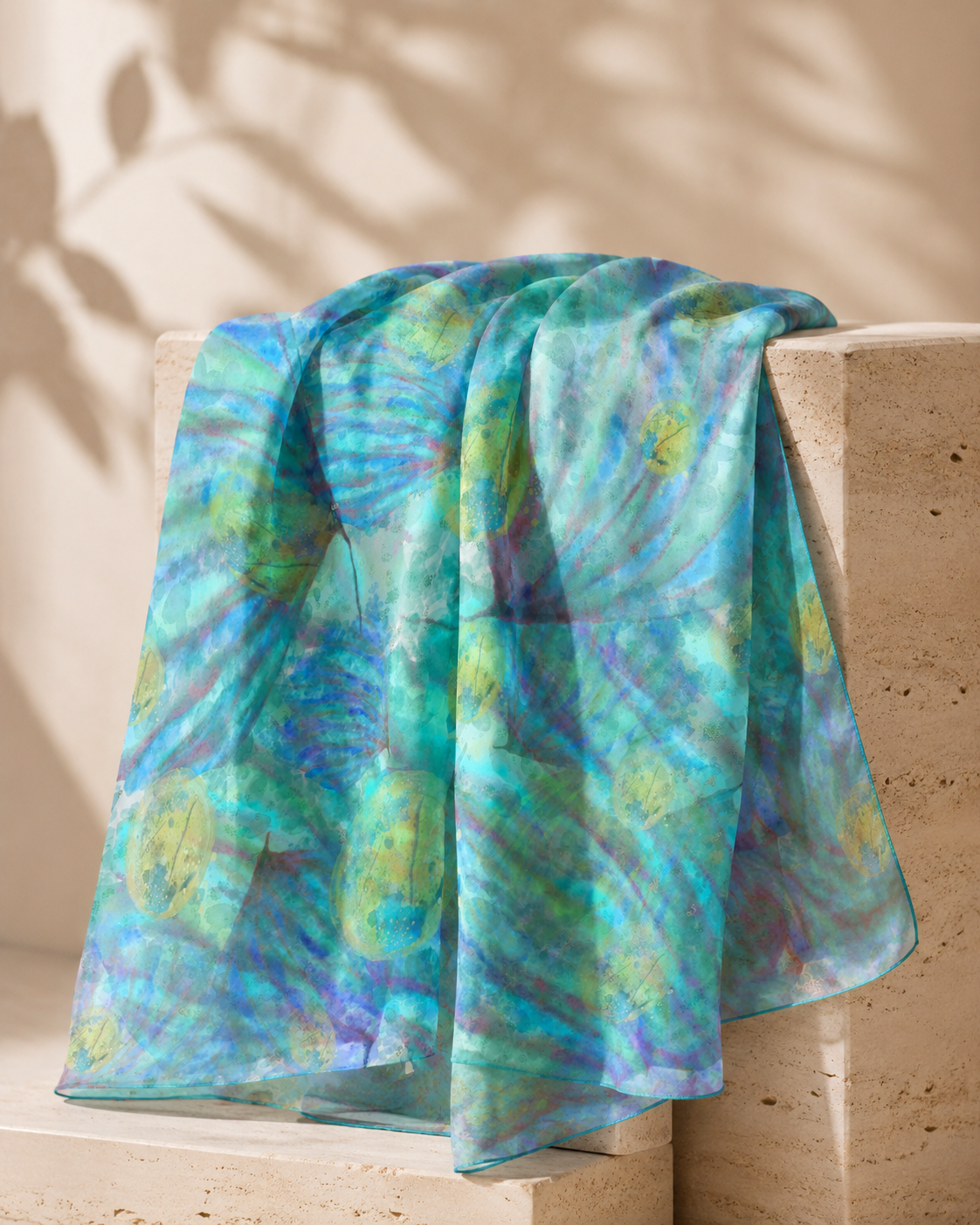 Ocean Watercolor Poly Chiffon Scarf – Ocean Botanicals Coastal Wearable Art