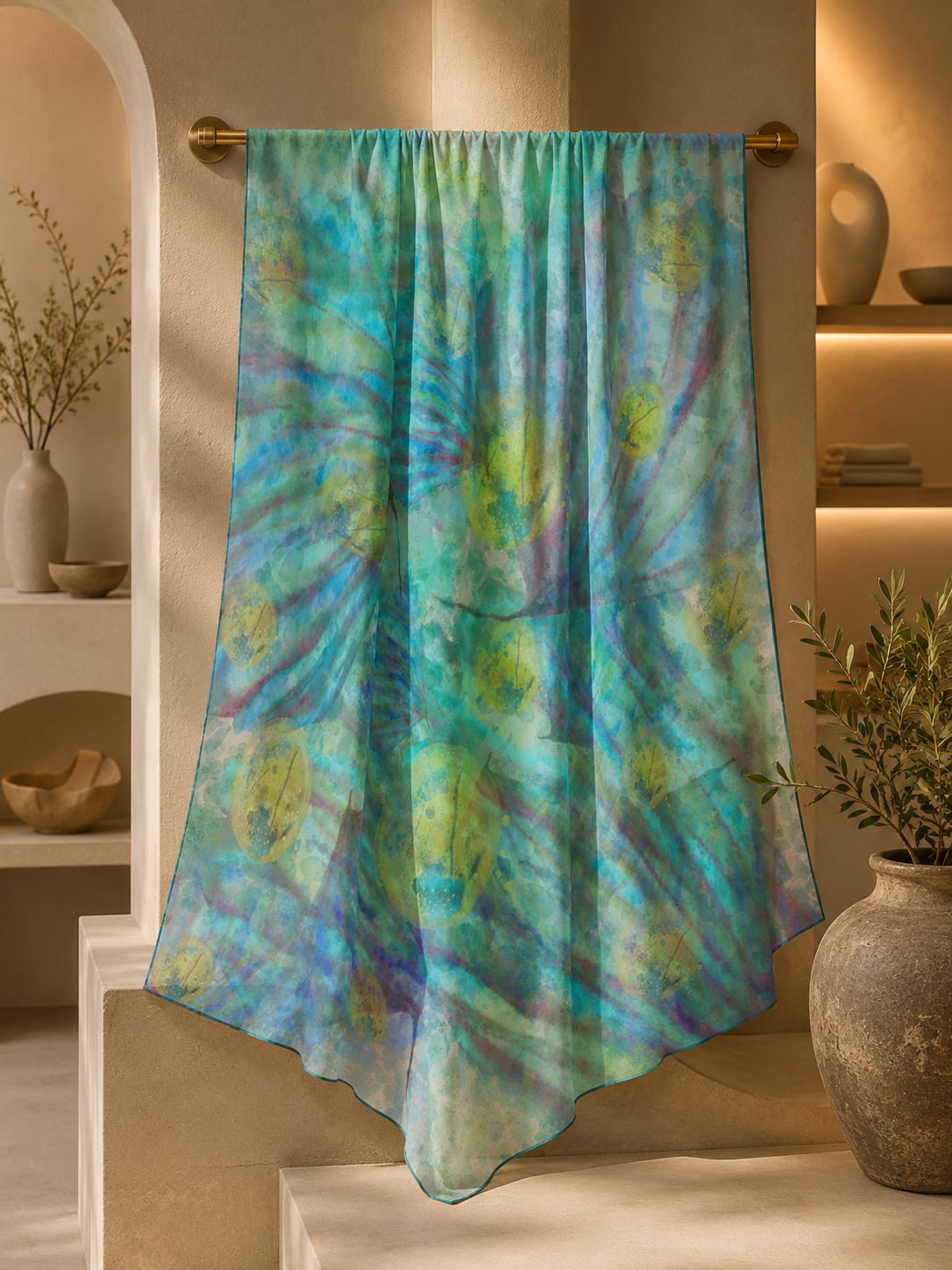 MoirisArt blue and green poly chiffon scarf