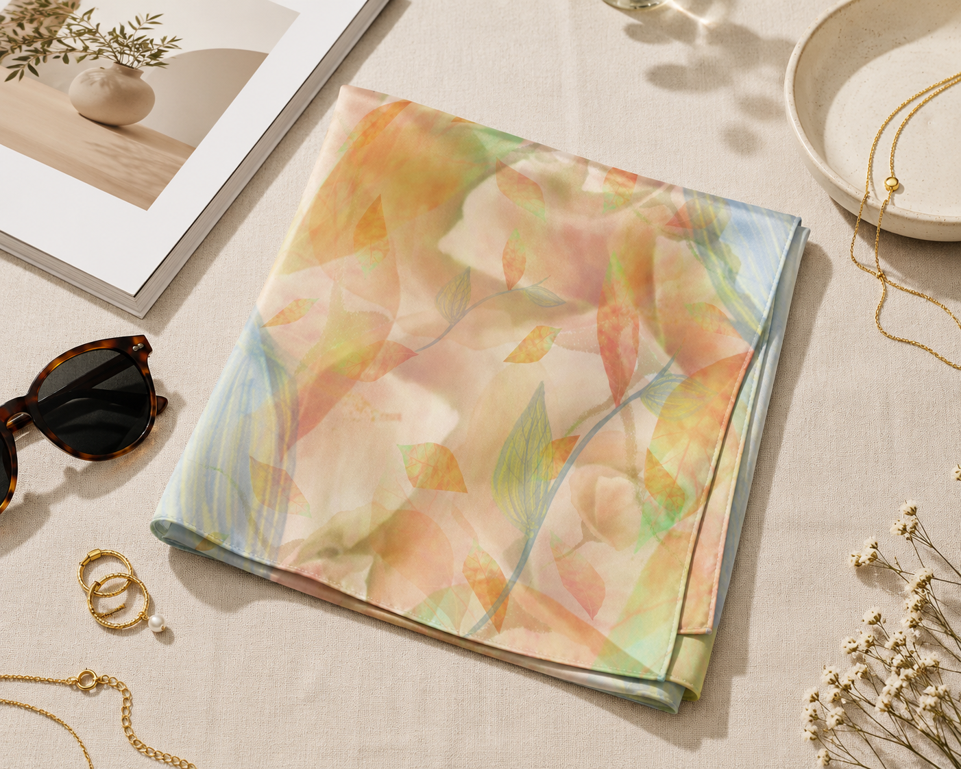 Botanical Watercolor Poly Chiffon Scarf – Radiant Garden Wearable Art