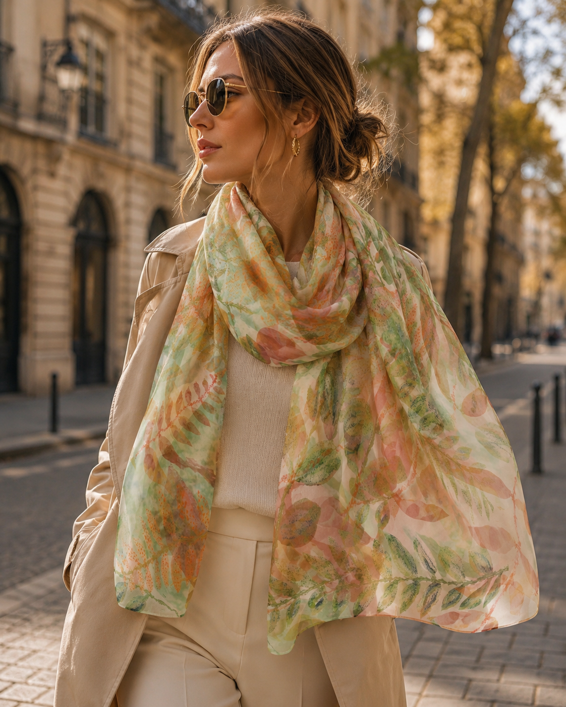 Woman wearing a floral scarf in an urban setting