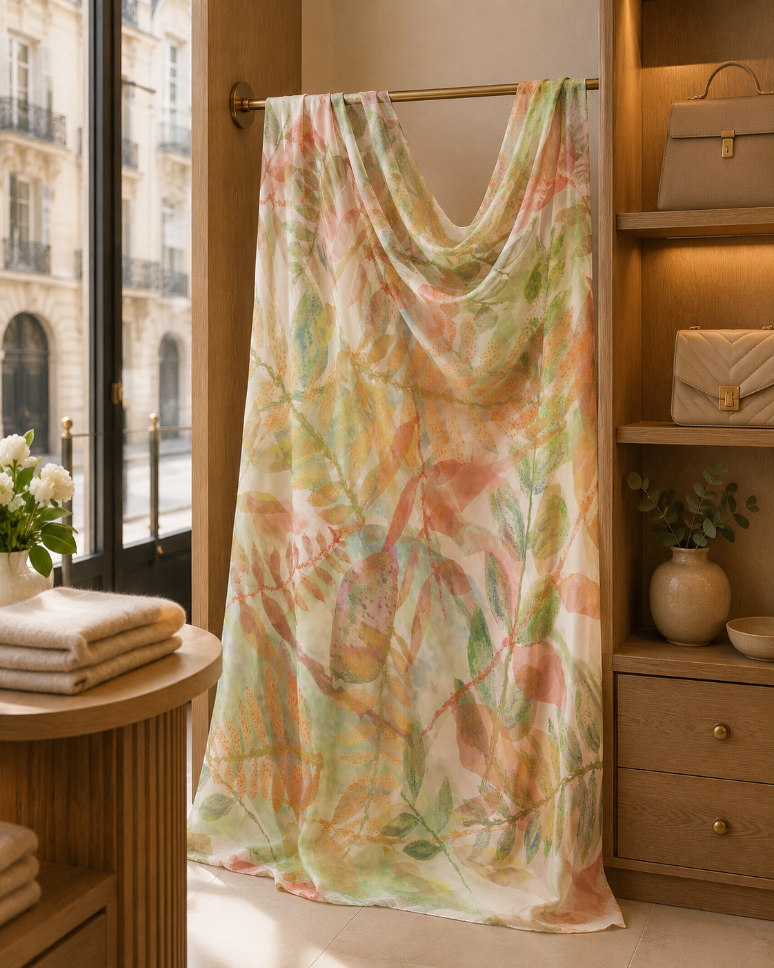 Botanical Watercolor Poly Chiffon Scarf – Autumn Garden Wearable Art