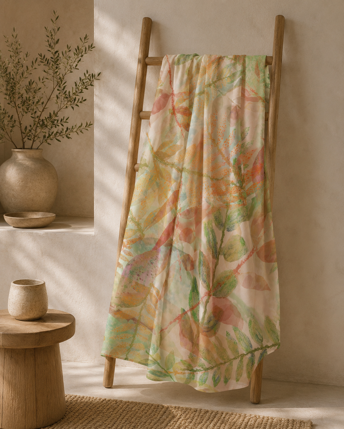 Botanical Watercolor Poly Chiffon Scarf – Autumn Garden Wearable Art