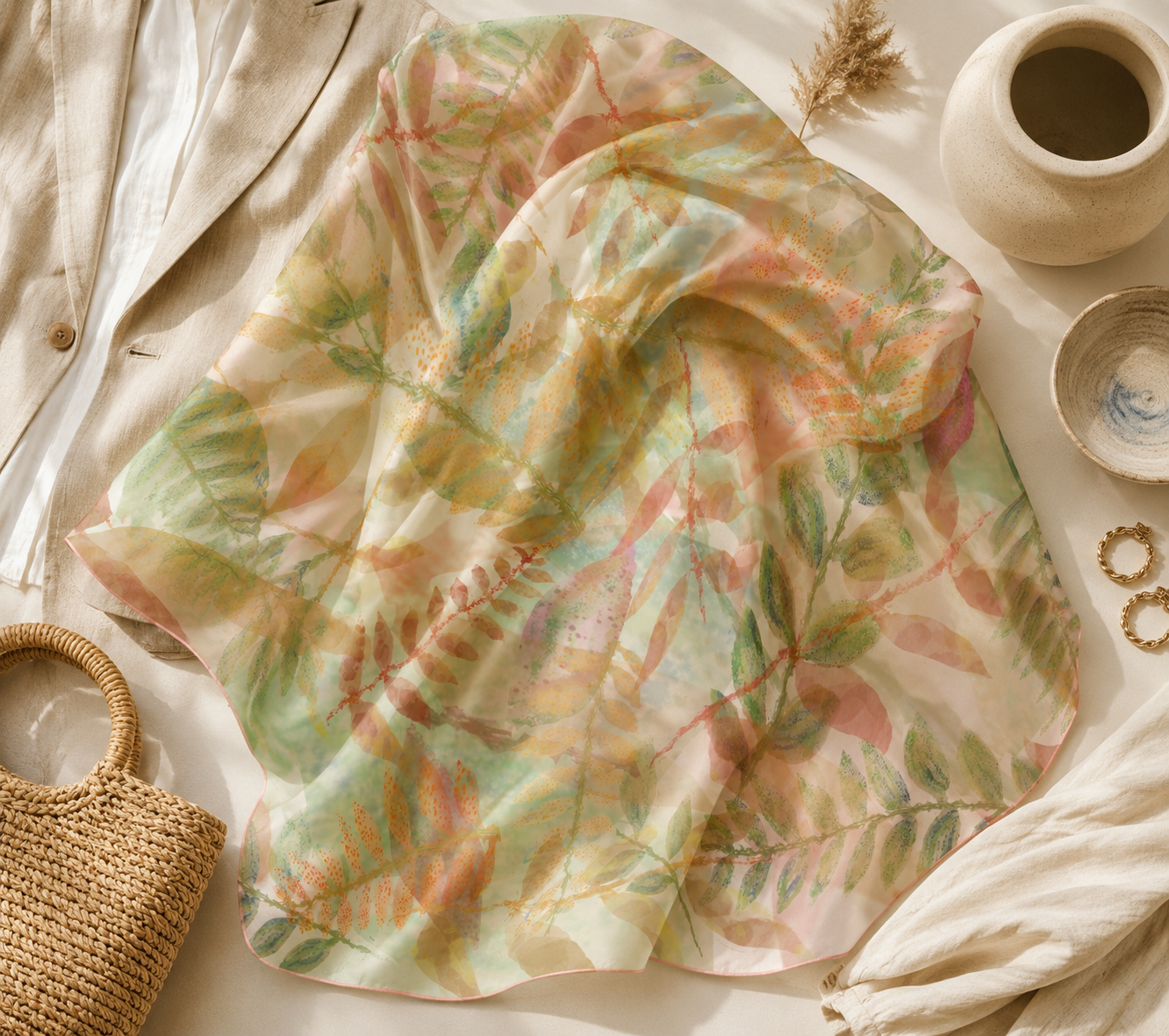 Floral scarf on a neutral background with decorative items