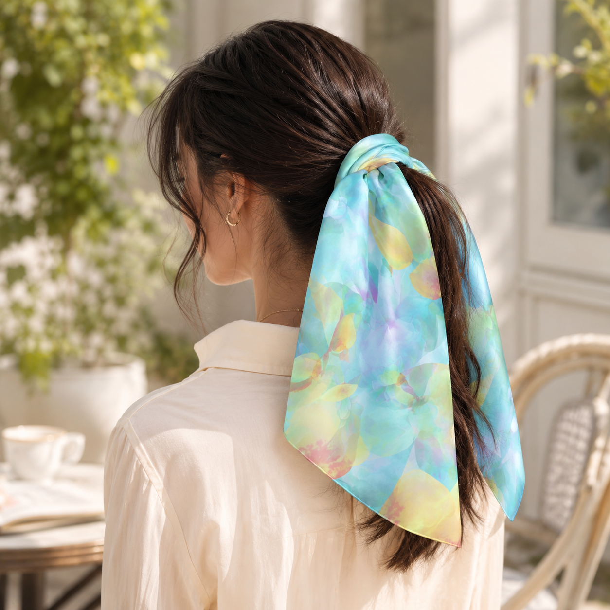 Botanical Watercolor Poly Chiffon Scarf – Soft Bloom Garden Wearable Art