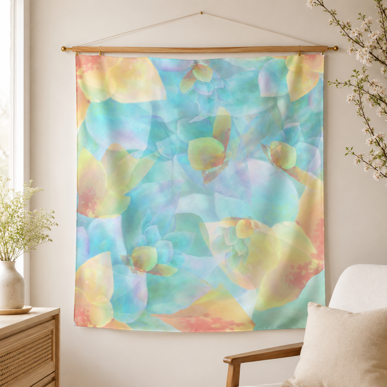 Botanical Watercolor Poly Chiffon Scarf – Soft Bloom Garden Wearable Art