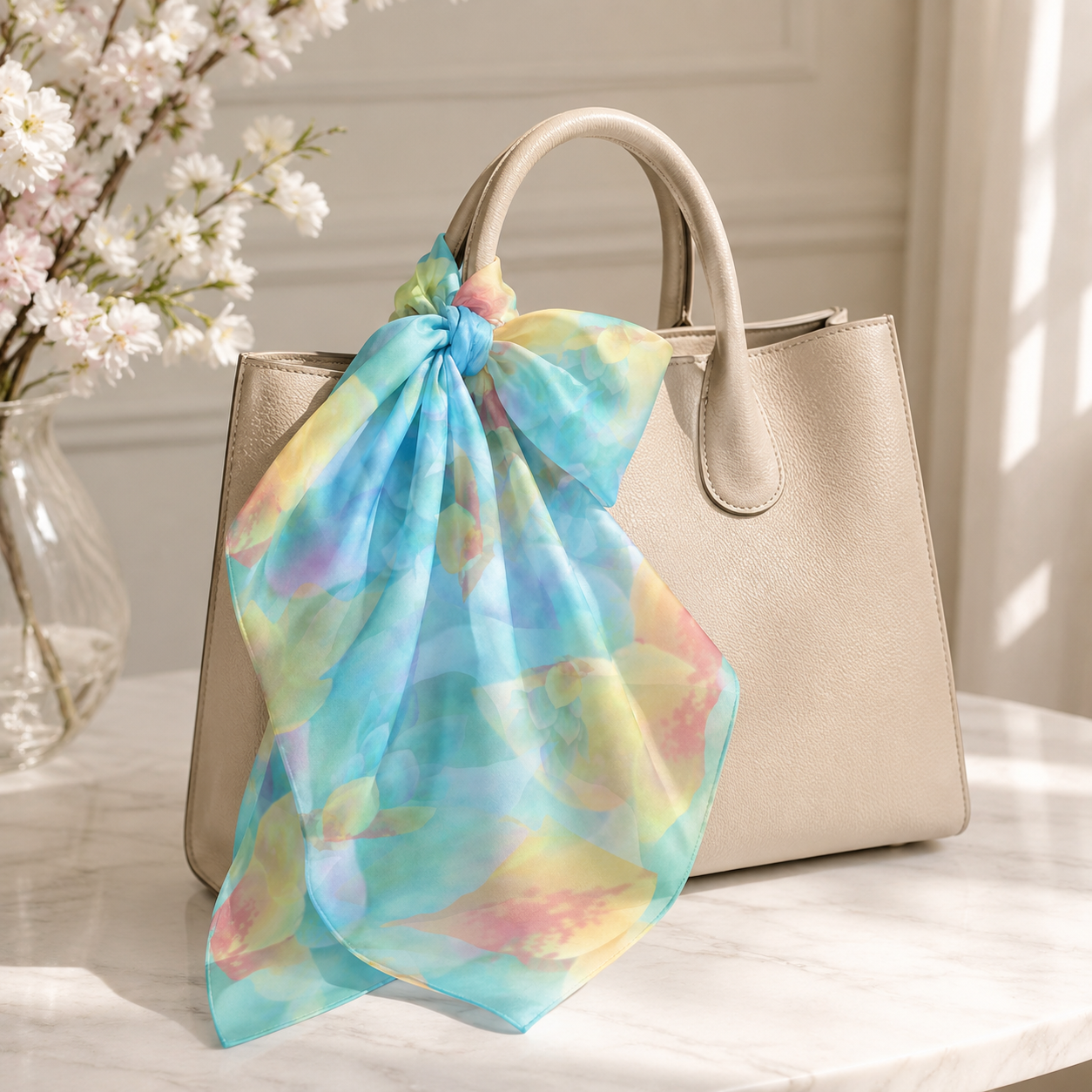 Botanical Watercolor Poly Chiffon Scarf – Soft Bloom Garden Wearable Art