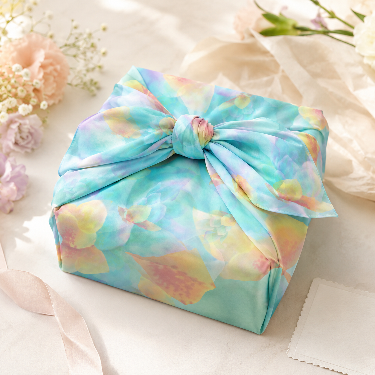 Botanical Watercolor Poly Chiffon Scarf – Soft Bloom Garden Wearable Art