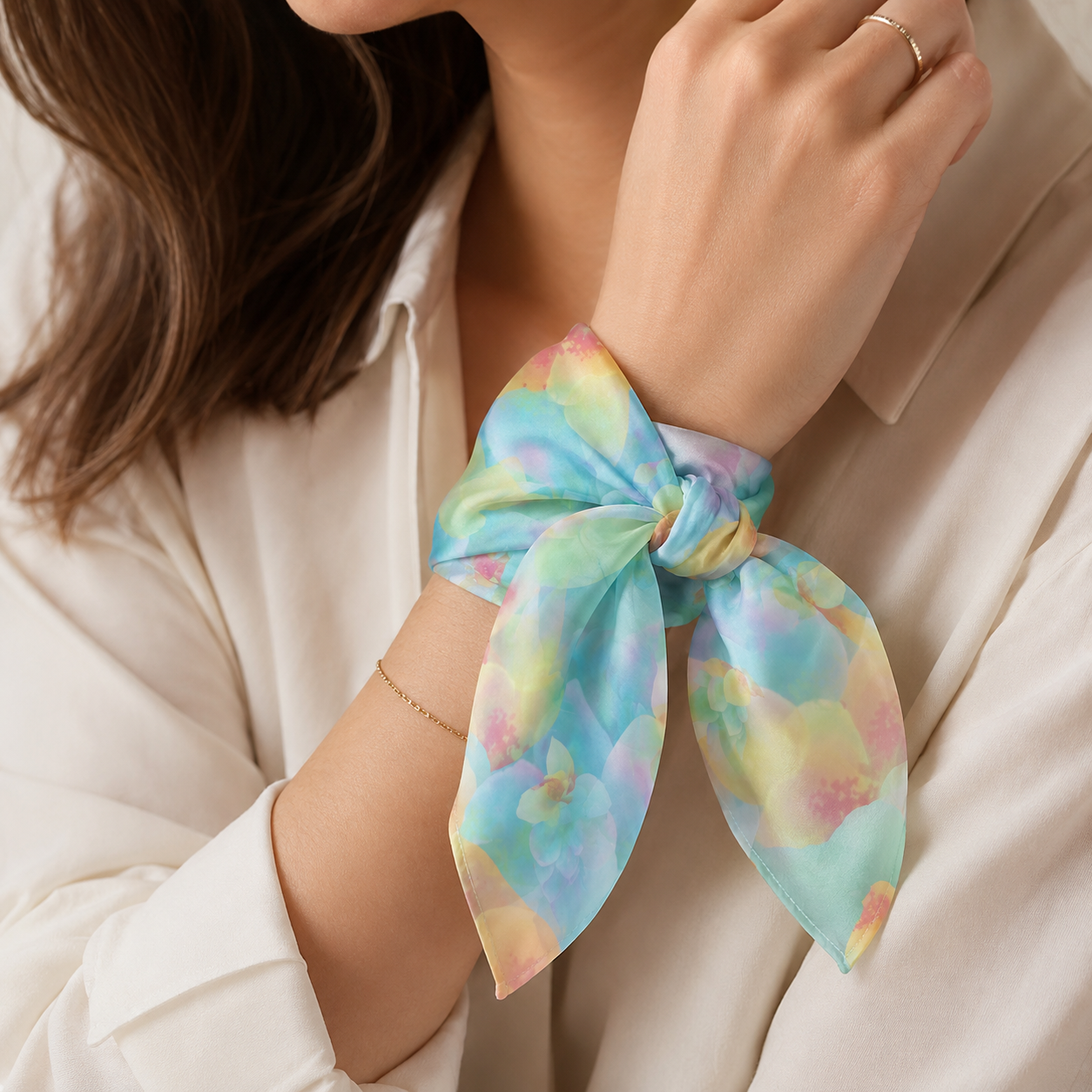 Botanical Watercolor Poly Chiffon Scarf – Soft Bloom Garden Wearable Art