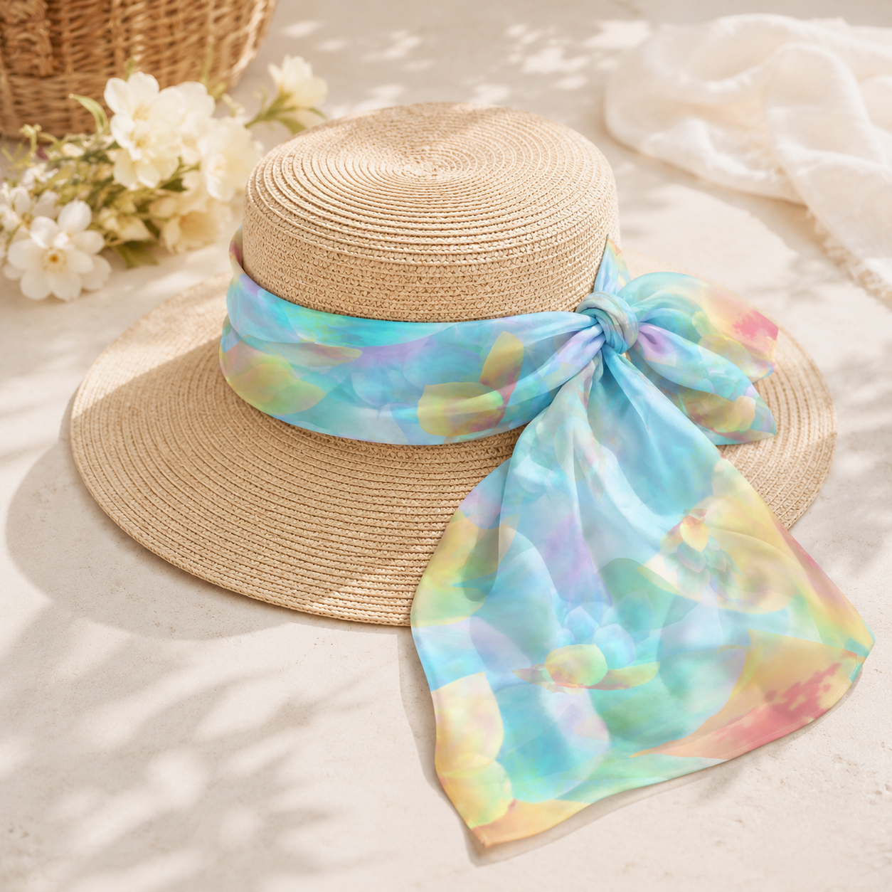 Botanical Watercolor Poly Chiffon Scarf – Soft Bloom Garden Wearable Art