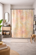 Bathroom with a colorful shower curtain and wooden vanity.