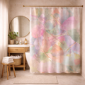 Bathroom with a colorful floral shower curtain, wooden stool, and mirror.