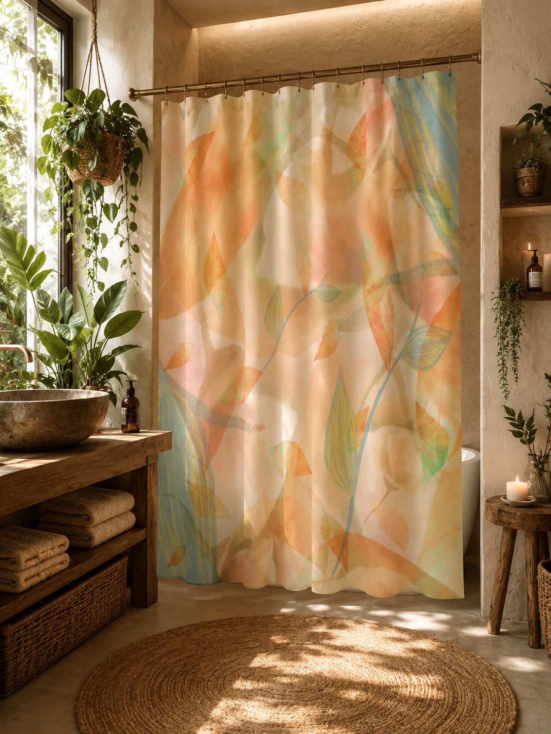 Bathroom with a floral shower curtain, wooden shelves, and plants.