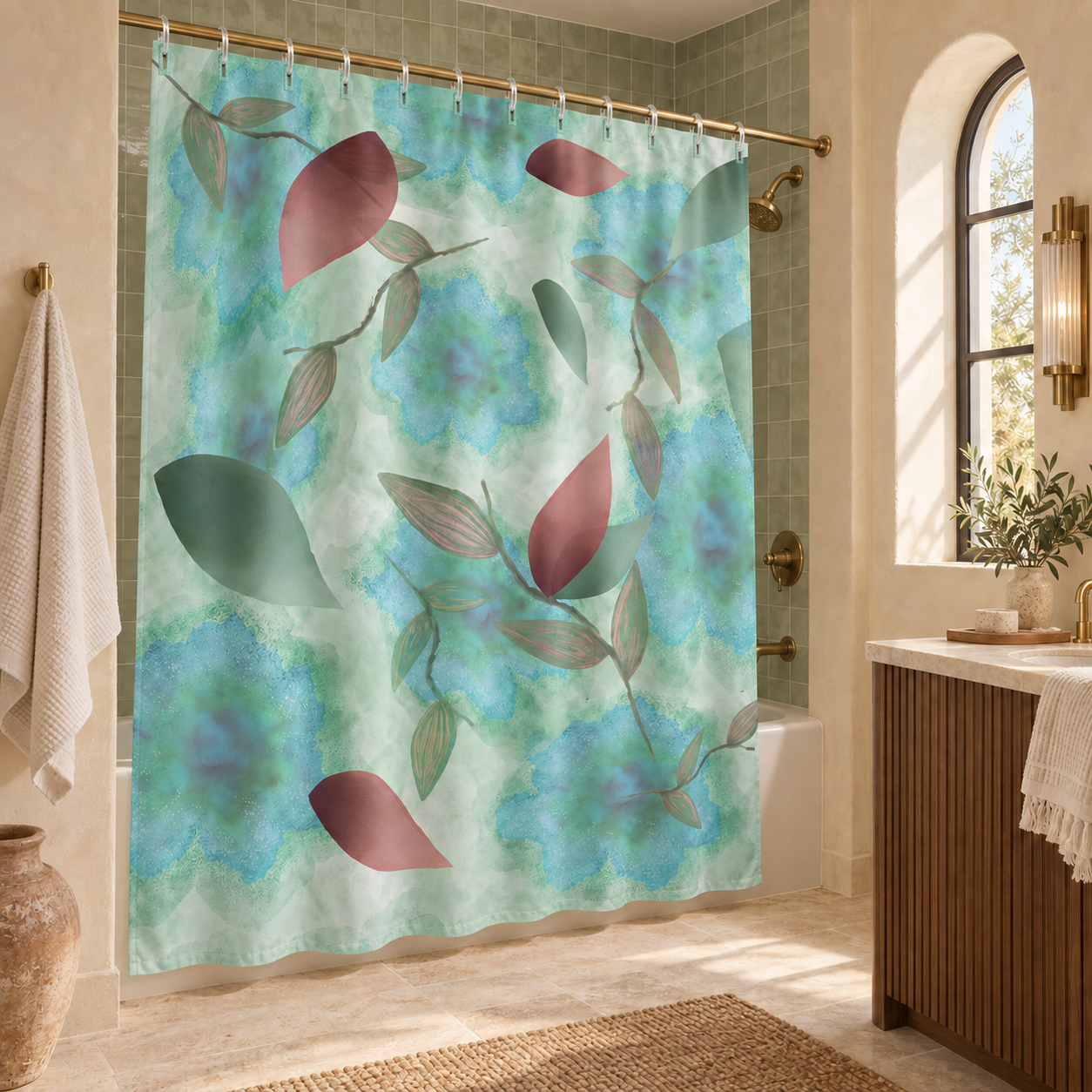 Ocean Watercolor Silk Scarf – Azure Botanical Flow Coastal Wearable Art
