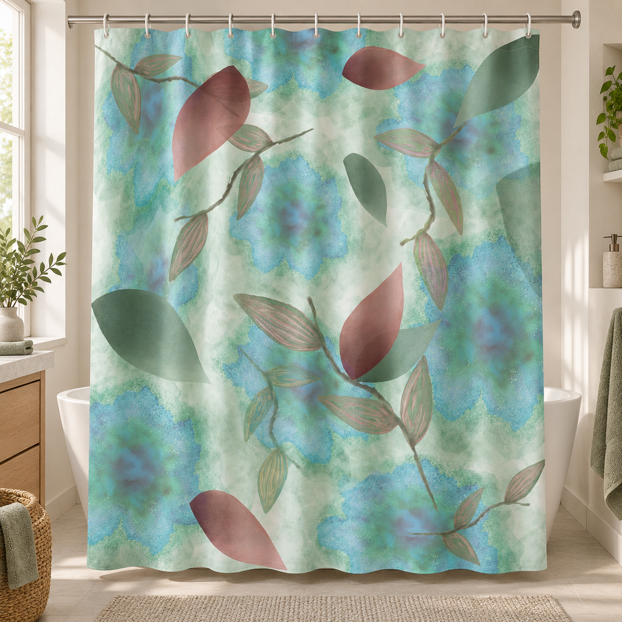 Ocean Watercolor Silk Scarf – Azure Botanical Flow Coastal Wearable Art